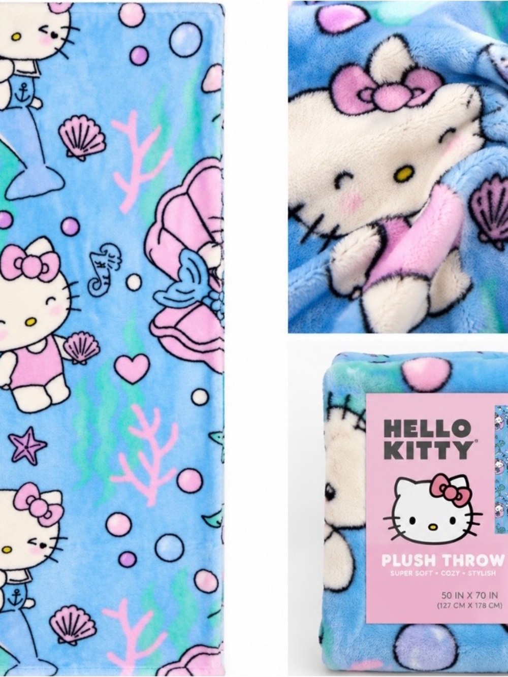 Hello Kitty Plush Throw Blanket Pink White Blue- NWT